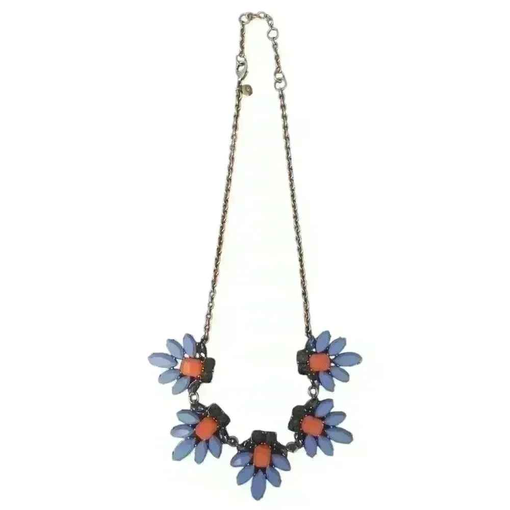 J. Crew Navy Blue & Orange Coral colors Rhinestone Statement Necklace Gold Tone